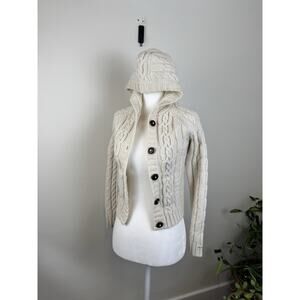 VTG Y2K XS S Wool Abercrombie & Fitch Cream Chunky Cable Knit Hooded Sweater